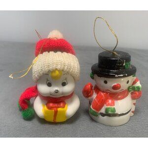 Vintage Porcelain Snowman & Baby Ornament Set